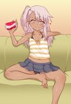  barefoot belly_peek black_bra black_panties bra can chloe_von_einzbern dark_skin fate/kaleid_liner_prisma_illya fate_(series) feet highres long_hair looking_at_viewer midriff mudou_eichi naughty_face navel one_side_up panties pink_hair red_eyes sitting soda_can solo underwear 