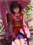  bad_id bad_pixiv_id bike_shorts blush brown_hair chestnut_mouth furisode hair_ornament hairband japanese_clothes kami_nomi_zo_shiru_sekai kimono looking_at_viewer pink_eyes short_hair short_kimono shrine solo takahara_ayumi wataru_(zazazazazazawa) 