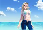  aqua_bikini bikini blonde_hair breasts cloud day denim elf hair_intakes jeans large_breasts long_hair original pants parted_lips pointy_ears red_eyes see-through sky solo swimsuit unbuttoned wading water wet wet_clothes yagisaka_seto 