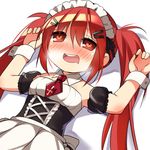  bare_shoulders blush breath drooling heart heart-shaped_pupils lying maid maid_headdress mvv necktie on_back original red_eyes red_hair red_neckwear solo symbol-shaped_pupils twintails vivian_(mvv) wrist_cuffs 
