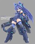  alternate_color animal_ears blue_eyes blue_hair blue_legwear blue_swimsuit breasts cannon cat_ears covered_navel densou_tenshi_valforce detached_sleeves grey_background headgear karukan_(monjya) kemonomimi_mode long_hair mecha_musume mechanical_arms mechanical_tail misawa_elena neon_trim one-piece_swimsuit school_swimsuit small_breasts solo standing swimsuit tail thighhighs thrusters 