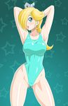  arms_up blonde_hair blue_eyes bluebullpen cameltoe competition_swimsuit crown hair_over_one_eye highres long_hair mario_(series) one-piece_swimsuit rosetta_(mario) standing super_mario_bros. swimsuit 