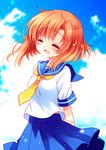  ^_^ blush closed_eyes higurashi_no_naku_koro_ni open_mouth orange_hair ryuuguu_rena sakurazawa_izumi school_uniform serafuku smile solo 