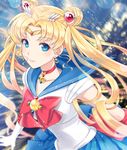  asami_(undoundo) back_bow bishoujo_senshi_sailor_moon bishoujo_senshi_sailor_moon_crystal blonde_hair blue_eyes blue_sailor_collar blue_skirt bow choker crescent crescent_earrings double_bun earrings elbow_gloves gloves hair_ornament jewelry long_hair magical_girl red_bow red_choker sailor_collar sailor_moon sailor_senshi_uniform skirt smile solo star star_earrings tsukino_usagi twintails white_gloves 