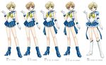  back_bow bare_legs bishoujo_senshi_sailor_moon blonde_hair blue_choker blue_eyes blue_footwear blue_sailor_collar blue_skirt boots bow brooch character_name choker costume_chart earrings elbow_gloves full_body gloves jewelry knee_boots magical_girl multiple_girls pleated_skirt ribbon sailor_collar sailor_senshi_uniform sailor_uranus shirataki_kaiseki shoes short_hair skirt smile standing star star_choker super_sailor_uranus super_sailor_uranus_(stars) ten'ou_haruka tiara translation_request variations very_short_hair white_background white_gloves yellow_bow 