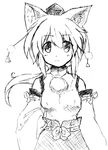  alternate_hairstyle animal_ears bare_shoulders breasts detached_sleeves greyscale hand_on_hip hat inubashiri_momiji long_hair looking_at_viewer medium_breasts monochrome pom_pom_(clothes) riku_(yzr500r2001) simple_background solo tokin_hat touhou white_background wolf_ears 