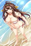  ahoge bikini black_eyes breasts brown_hair eyepatch_bikini headgear highres kantai_collection kongou_(kantai_collection) large_breasts long_hair navel open_mouth shuugetsu_karasu side-tie_bikini solo standing swimsuit white_background 