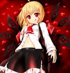  :q ahoge blonde_hair blood blood_on_face blood_on_fingers blush ex-rumia hair_ribbon hand_on_own_chest highres navel open_clothes open_shirt red_eyes ribbon rumia shiron_(e1na1e2lu2ne3ru3) shirt short_hair skirt smile solo tongue tongue_out torn_clothes torn_skirt touhou 