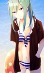  absurdres bad_id bad_pixiv_id bikini blue_eyes green_hair highres hood hoodie innertube kagerou_project kido_tsubomi long_hair nako_(inamenaihane) navel ponytail solo swimsuit 