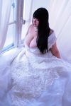  1girl asian black_hair breasts cleavage corsage curtains dress fat hair_ornament hoshima_mika huge_breasts jewelry long_breasts long_hair necklace photo plump solo star wedding_dress window 