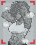  arms_up bad_id bad_tumblr_id blush breasts dark_skin glasses hair_over_one_eye hands_in_hair hilda_stervins large_breasts messy_hair midriff monochrome muscle muscular_female navel original scar short_hair smell solo sports_bra sweat tenk very_dark_skin viewfinder 
