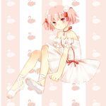  ballet_slippers bare_shoulders detached_sleeves dress kaname_madoka kuroka_tori looking_at_viewer mahou_shoujo_madoka_magica pink_eyes pink_hair puffy_detached_sleeves puffy_sleeves short_hair short_twintails solo twintails 