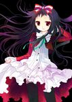  black_hair black_legwear bow dress hair_bow hand_behind_head higanbana_(higanbana_no_saku_yoru_ni) higanbana_no_saku_yoru_ni red_eyes ribbon sakurazawa_izumi smile solo thighhighs 