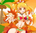  :d adapted_costume alternate_form ashita_wa_hitsuji blonde_hair blush breasts choker cleavage coconut coconut_samba cowboy_shot cure_honey detached_sleeves earrings eyelashes green_choker hair_ornament hairband happinesscharge_precure! happy heart highres jewelry large_breasts long_hair looking_at_viewer magical_girl navel object_namesake oomori_yuuko open_mouth orange_skirt palm_tree ponytail precure samba skirt smile solo tree yellow_eyes 