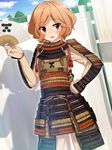  alternate_costume armor bad_id bad_pixiv_id blush brown_eyes fan folding_fan haibara_nanaka hand_on_hip japanese_armor kami_nomi_zo_shiru_sekai orange_hair shadow short_hair solo standing wataru_(zazazazazazawa) 