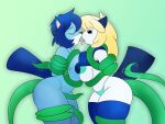 4:3 anthro areola assisted_exposure bdsm blonde_hair blue_hair bodily_fluids bondage bound clothing dripping duo female female/female generation_5_pokemon hair hi_res kissing legwear minatsu_(boredomtool) nintendo nipples oshawott panties penetration plant pokemon pokemon_(species) punch_pubby saliva saliva_drip saliva_on_tongue saliva_string sex tentacle_penetration tentacle_sex tentacles thigh_highs underwear vines