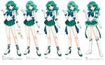  aqua_hair back_bow bare_legs bishoujo_senshi_sailor_moon blue_eyes boots bow brooch character_name character_sheet choker costume_chart earrings elbow_gloves full_body gloves green_skirt jewelry kaiou_michiru knee_boots long_hair magical_girl multiple_girls pleated_skirt ribbon sailor_collar sailor_neptune sailor_senshi_uniform shirataki_kaiseki shoes skirt smile standing star star_choker strappy_heels super_sailor_neptune super_sailor_neptune_(stars) tiara translated white_gloves 