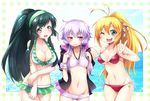  :d ;d beach bikini blonde_hair breasts cleavage dark_green_hair green_eyes green_hair green_hairband hairband long_hair manmaru_tamago medium_breasts multiple_girls navel one_eye_closed open_mouth ponytail purple_eyes purple_hair small_breasts smile swimsuit touhoku_zunko tsurumaki_maki v v-shaped_eyebrows vocaloid voiceroid wavy_mouth yellow_eyes yuzuki_yukari 