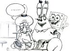 2021 anthro anthro_on_anthro arthropod belt bodily_fluids bottomwear cephalopod clothing coleoid crab crustacean cum cum_on_food decapoda food genital_fluids genitals group hat headgear headwear jj_(pixiv_artist) krabby_patty malacostracan male male/male male_anthro marine mollusk monochrome mr._krabs nickelodeon octopodiform octopus open_mouth pants penis sea_sponge sex speech_bubble spongebob_squarepants spongebob_squarepants_(character) squidward_tentacles tears tentacle_sex tentaclejob tentacles trio vein veiny_penis