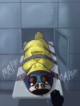 3:4 anthro arachnid araneomorph arthropod bdsm bondage bound cabinet claustrophobic claustrophobic_confinement confinement danger_sign draft_(draftyspider) gag gagged hi_res jumping_spider looking_at_viewer mph! muffled muffled_screaming multi_eye mummification nonbinary_(lore) peacock_spider small_cage solo spider storage_container strapped_down stripedcrocodile struggling tape tape_bondage tape_gag