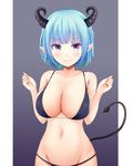  bikini blue_hair blush breasts cleavage demon_girl demon_tail groin highres horns irohasu large_breasts looking_at_viewer navel pointy_ears purple_eyes short_hair smile solo swimsuit tail 