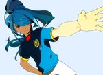  bad_id bad_pixiv_id blue_hair hair_over_one_eye inazuma_eleven inazuma_eleven_(series) inazuma_japan kazemaru_ichirouta lightning_bolt long_hair male_focus outstretched_arm outstretched_hand ponytail revision smile soccer_uniform solo sportswear uichi 