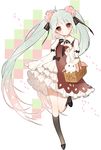  :3 antenna_hair bad_id bad_pixiv_id basket black_footwear black_legwear brown_dress brown_eyes bunny checkered checkered_background cherry_blossoms chuko_miku closed_mouth dress flower frilled_dress frills full_body gradient_hair green_hair hair_flower hair_ornament hair_ribbon hatsune_miku head_tilt kneehighs layered_dress leg_up long_hair long_sleeves looking_at_viewer multicolored_hair neck_ribbon petal_print pink_hair ribbon sakura_miku shoes simple_background solo standing standing_on_one_leg twintails uttao very_long_hair vocaloid 