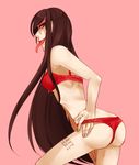  ass bad_anatomy bad_id bad_tumblr_id black_hair body_writing bra breasts butt_crack commentary danganronpa danganronpa_1 genocider_shou glasses lips long_hair long_tongue looking_back mole mole_under_mouth naughty_face panties panty_pull red_bra red_eyes red_panties small_breasts solo tally thong tongue tongue_out underwear underwear_only very_long_hair yatayo 