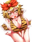  animal_print barefoot black_hair blonde_hair blush breasts cleavage from_above highres huge_breasts looking_at_viewer multicolored_hair open_mouth short_hair simple_background solo tiger_print toramaru_shou touhou two-tone_hair white_background yellow_eyes zan_(harukahime) 