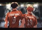  black_hair blurry blurry_background character_name collared_shirt commentary from_behind haikyuu!! highres hinata_shouyou kageyama_tobio karasuno_volleyball_uniform letterboxed muri12220621 orange_hair orange_shirt romaji_text shirt short_sleeves side-by-side sportswear stadium_lights upper_body volleyball_uniform wavy_hair 