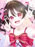  black_hair bow detached_sleeves dress earrings futaba2328 hair_bow hands_up highres jewelry love_live! love_live!_school_idol_project nico_nico_nii open_mouth pink_bow pink_dress red_bow red_eyes teeth twintails upper_body upper_teeth_only yazawa_nico 