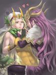  bad_id bad_pixiv_id blonde_hair bodysuit genderswap genderswap_(mtf) green_eyes headdress lipstick loki_(p&amp;d) long_hair makeup multiple_girls orange_bodysuit purple_eyes purple_hair puzzle_&amp;_dragons scotishfold thor_(p&amp;d) 