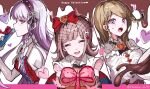  3girls ahoge akamatsu_kaede alternate_costume apron blonde_hair blush bow braid chocolate closed_eyes closed_mouth collared_shirt commentary danganronpa:_trigger_happy_havoc danganronpa_(series) danganronpa_2:_goodbye_despair danganronpa_v3:_killing_harmony english_commentary fuku_sa hair_bow happy_valentine head_tilt highres incoming_gift kirigiri_kyoko long_hair looking_at_viewer multiple_girls nanami_chiaki open_mouth profile purple_eyes purple_hair reaching reaching_towards_viewer red_bow shirt short_hair smile sweatdrop trait_connection twin_braids valentine white_apron white_shirt 