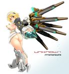  armpits ass bare_legs bare_shoulders blonde_hair breasts brown_eyes densou_tenshi_valforce detached_sleeves dress from_behind funnels hairband highres karukan_(monjya) large_breasts looking_back mecha_musume no_panties outstretched_hand parted_lips rikudou_maria short_hair sideboob solo strapless strapless_dress thighhighs upskirt 