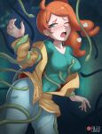  1girl aqua_eyes aqua_nails aqua_shirt ass blush breasts brown_coat coat collarbone denim forest hair_ornament half-closed_eye hand_up heart heart_hair_ornament jeans large_breasts long_hair nature nose_blush one_eye_closed open_mouth orange_hair pants patreon_logo patreon_username plant pokemon pokemon_swsh raised_eyebrows ribbed_shirt rilex_lenov shirt side_ponytail solo sonia_(pokemon) strangling swept_bangs teeth upper_teeth_only v-neck vine_whip vines wavy_hair 