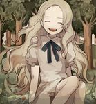  :d ^_^ bad_id bad_pixiv_id blonde_hair closed_eyes dress forest happy laughing long_hair marnie nature omoide_no_marnie open_mouth ribbon shina_000 short_sleeves sitting smile solo tree very_long_hair white_dress 