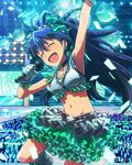  ^_^ arm_up armpits audience black_hair blush closed_eyes crop_top earrings fang frills ganaha_hibiki gloves glowstick idolmaster idolmaster_(classic) idolmaster_million_live! jewelry microphone midriff music navel necklace official_art open_mouth pendant ponytail singing skirt smile stage sweat wireless 