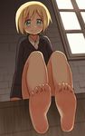 bare_legs barefoot blonde_hair blue_eyes blush bottomless brick_wall collared_shirt erica_hartmann feet from_below glastonbury1966 indoors long_sleeves looking_at_viewer pov_feet shirt short_hair sitting smile soles solo strike_witches toes wall window world_witches_series 