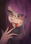  black_sclera blood blood_on_face dress glasses kamishiro_rize long_hair purple_hair red_eyes semi-rimless_eyewear solo tokyo_ghoul umi_(trico_hama) under-rim_eyewear upper_body 