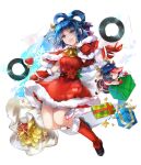  1girl :d animal_ears antlers bell blue_eyes blue_hair box cabbie_hat capelet character_doll chisel coin deer_ears doll dress drill_hair drill_sidelocks flower full_body fur-trimmed_capelet fur-trimmed_dress fur_trim game_cg gift gift_box gloves gold gold_bar hair_ornament hair_rings hair_stick hakurei_frontier_spell_strive hat hat_ornament highres horns kaku_seiga koban_(gold) kutsuki_kai looking_at_viewer miyako_yoshika official_art ofuda open_mouth purple_hat red_capelet red_dress red_flower red_gloves reindeer_antlers sack santa_costume santa_dress santa_hat sidelocks smile snowflakes solo star_(symbol) star_hat_ornament third-party_source touhou transparent_background 