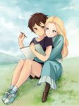  anna_(omoide_no_marnie) bad_id bad_pixiv_id bare_legs blonde_hair blue_dress blue_eyes boots brown_footwear brown_hair cloud day dress full_body grass hug hug_from_behind long_hair long_sleeves looking_at_another marnie motoki_(hisano_motoki) multiple_girls omoide_no_marnie pencil puffy_long_sleeves puffy_sleeves short_hair short_sleeves shorts sideways_glance sitting sketch_pad sky smile socks very_short_hair white_legwear yuri 