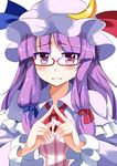  bespectacled blush crescent e.o. glasses hat highres long_hair patchouli_knowledge pink-framed_eyewear purple_eyes purple_hair solo steepled_fingers touhou upper_body white_background 
