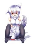  absurdres animal_ears banned_artist bare_shoulders black_legwear breast_hold breasts detached_sleeves fang happy highres inubashiri_momiji large_breasts looking_at_viewer oohirakeisuke open_mouth pantyhose pom_pom_(clothes) red_eyes short_hair silver_hair simple_background sitting solo tail thighband_pantyhose touhou wolf_ears wolf_tail 