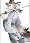 amber_eyes anthro asian_clothing biped black_clothing black_eyebrows black_hat black_headwear black_nose blue_clothing blue_kimono bottomwear brown_ears brown_tail canid canine canis chung0_0 clothed clothed_anthro clothed_male clothing east_asian_clothing eyebrows fingers fully_clothed fully_clothed_anthro fully_clothed_male fur grey_bottomwear grey_clothing grey_pants grin grinning_at_viewer hair hat headgear headwear hi_res holding_katana holding_melee_weapon holding_object holding_sword holding_weapon humanoid_hands inner_ear_fluff iris japanese_clothing katana kemono kimono libai_(the_animal_poetry_town) looking_at_viewer looking_back looking_back_at_viewer male male_anthro mammal melee_weapon multicolored_clothing multicolored_kimono pants pink_inner_ear portrait pupils simple_background small_pupils smile smiling_at_viewer solo sword tail teeth the_animal_poetry_town three-quarter_portrait three-quarter_view tuft two_tone_clothing two_tone_kimono two_tone_tail weapon white_background white_body white_clothing white_fur white_hair white_inner_ear_fluff white_kimono white_tail wolf