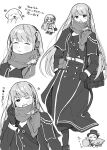  2girls :o ;d ^_^ absurdres animalization arms_around_neck bag belt belt_pouch bkornblume boater_hat chibi chibi_inset closed_eyes coat dog dress feet_out_of_frame fennec_fox glasses gloves greyscale hair_bun headphones highres long_dress long_hair long_sleeves monochrome multiple_girls multiple_views one_eye_closed open_mouth pouch reverse:1999 rikini_sushi sam_browne_belt scarf shoulder_bag single_side_bun smile star_(symbol) straight_hair sweat translation_request upper_body vertin_(reverse:1999) very_long_hair white_background 