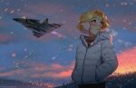  1girl aircraft airplane blonde_hair blue_sky blush brown_eyes canards canopy_(aircraft) commentary down_jacket earmuffs english_commentary evening fighter_jet flying glint hands_in_pockets highres jacket looking_to_the_side military_vehicle mleth original outdoors parted_lips patreon_username pink_clouds roundel saab_viggen short_hair sky snowing solo stina_(mleth) swedish_air_force teeth turning_head upper_body web_address white_jacket winter_clothes 