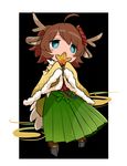  ahoge animal_ears antlers aqua_eyes blush bow brown_hair bunsuke chibi coat covering_mouth deer_ears flower full_body green_bow hair_flower hair_ornament hair_up highres holding holding_leaf hooves horns japanese_clothes kano_(p&amp;d) kimono leaf long_hair long_sleeves no_nose obi puzzle_&amp;_dragons sash sleeves_past_wrists solo 