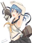  arm_up armpits bad_id bad_nicoseiga_id blue_eyes blue_hair breasts collarbone dated elbow_gloves eyebrows_visible_through_hair from_side gloves hair_between_eyes hat kantai_collection looking_at_viewer machinery medium_breasts mikanmelon open_mouth school_uniform serafuku short_hair simple_background skirt sleeves_rolled_up solo twitter_username urakaze_(kantai_collection) yellow_neckwear 