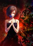  bare_shoulders black_dress black_hair cross dress flower hair_over_one_eye hands_together highres kagune_(tokyo_ghoul) kirishima_touka oki_(koi0koi) red_eyes short_hair solo tokyo_ghoul 