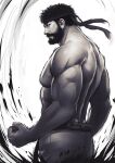  1boy beard clenched_hand facial_hair from_side greyscale headband highres jchoy looking_at_viewer looking_to_the_side male_focus monochrome mustache pants pectorals ryu_(street_fighter) solo street_fighter street_fighter_6 topless_male white_background 